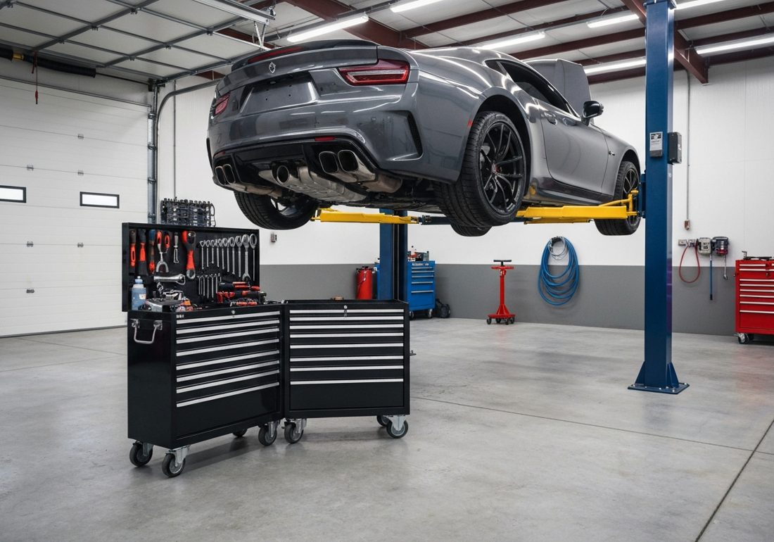 Home mechanic garage with a car on a lift
