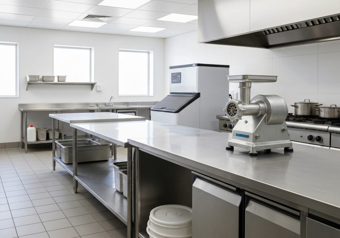 Commercial kitchen with stainless prep tables