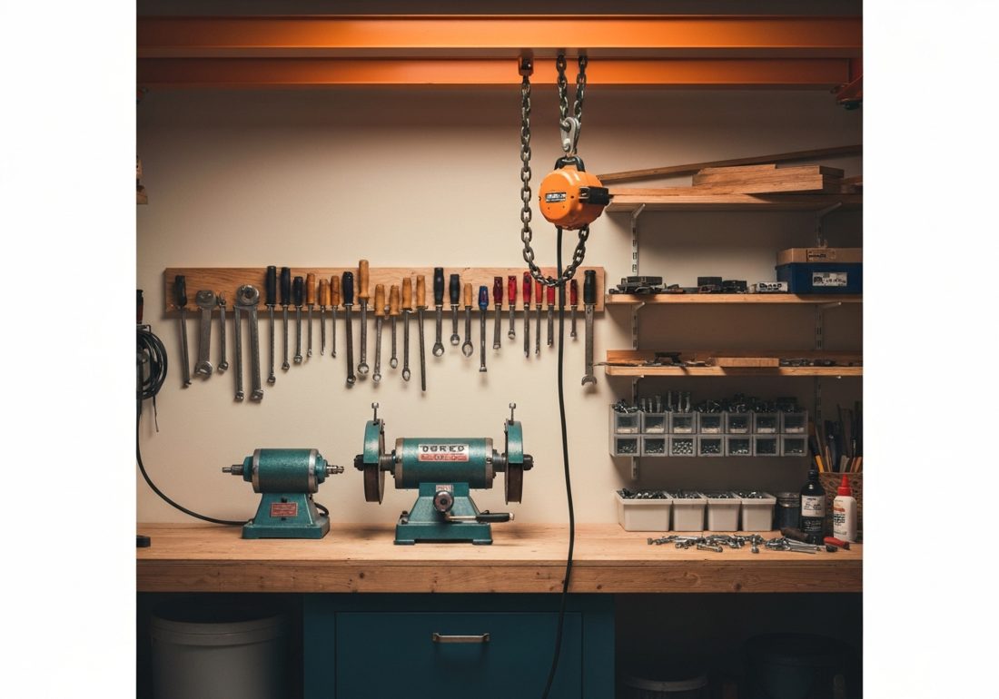 Home workshop bench with grinder and tools