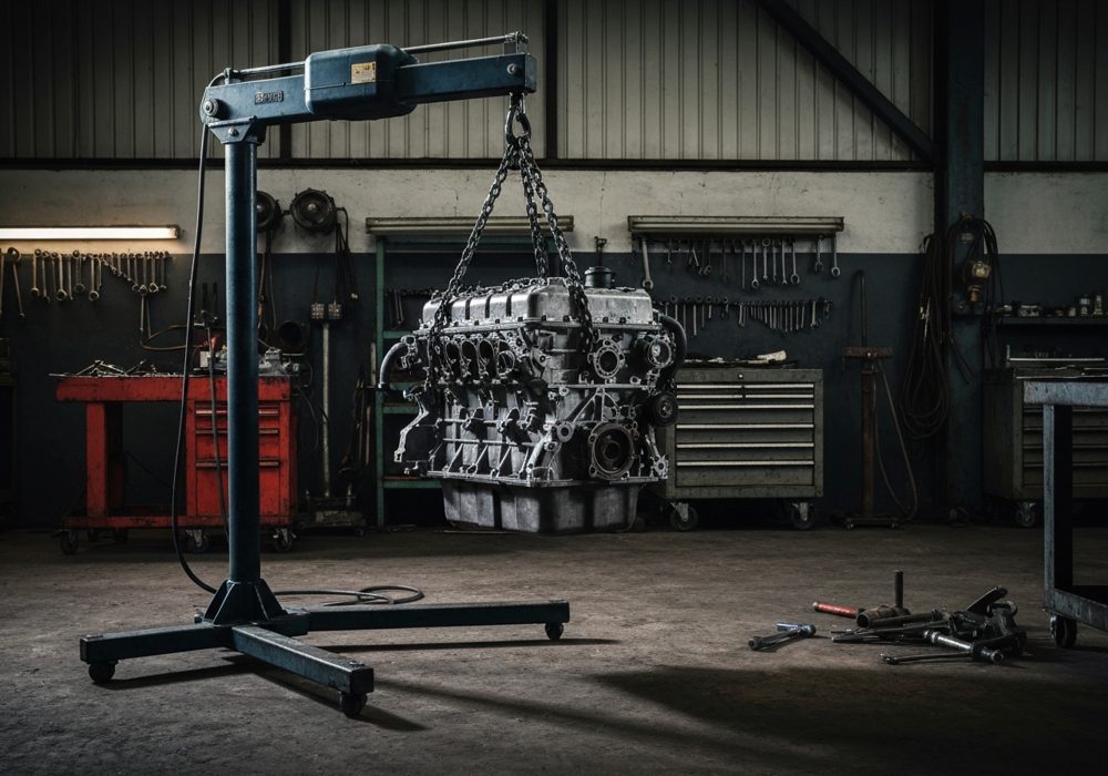 Electric chain hoist lifting an engine