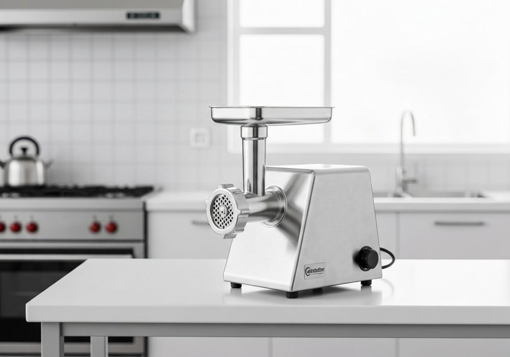 Stainless electric meat grinder on a prep table
