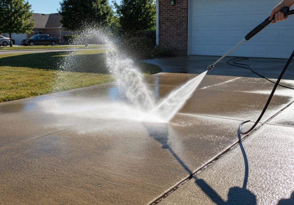 Pressure washer cleaning a driveway