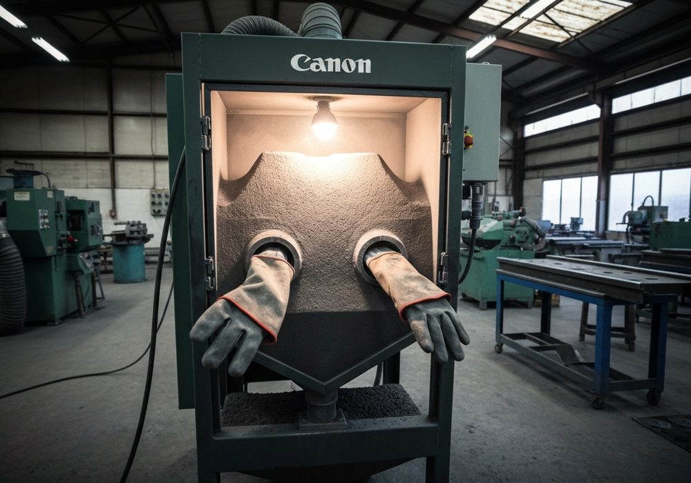 Sandblasting cabinet in a metal workshop